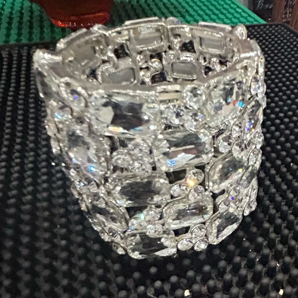 📌 📍 Wide Wedding Bridal Crystal Rhinestone Stretch‎ Chunky Statement Bangle B…